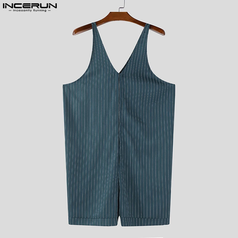 

INCERUN Men Jumpsuits Striped V Neck Sleeveless Casual Male Rompers Streetwear 2025 Loose Fashion Leisure Overalls Playsuits Men
