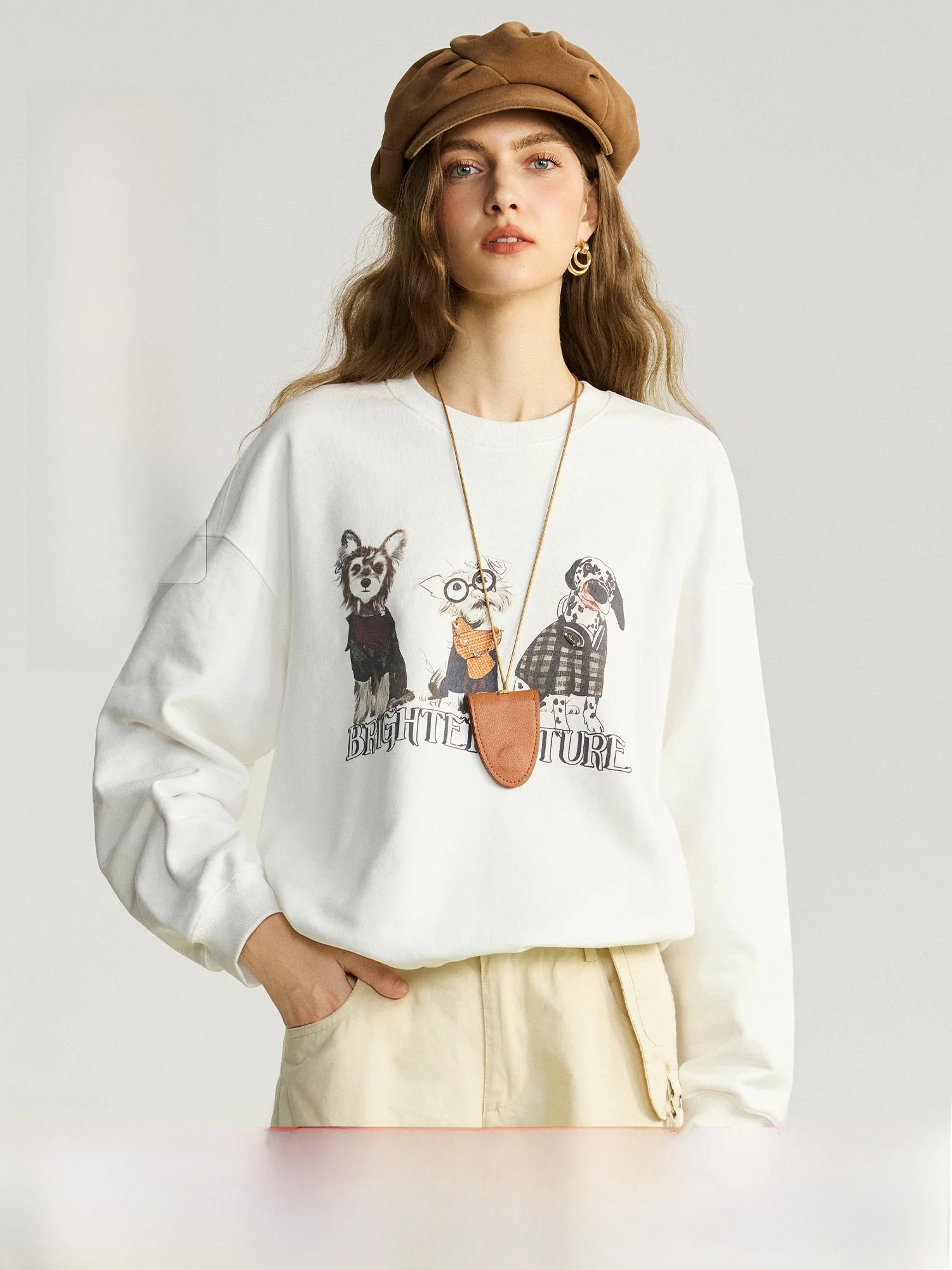 

Премиум-свитшот из длинноворсового хлопка с круглым вырезом и принтом собаки для женщин: комфортный, дышащий, повседневный, в уличном стиле