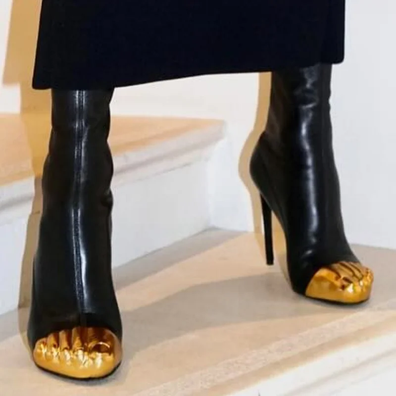 

Gold Five Fingers Leather Boots Women Patchwork Back Zipper Mid Calf Stiletto Boots 2025 Ladies Sexy Novelty Party Catwalk Shoes
