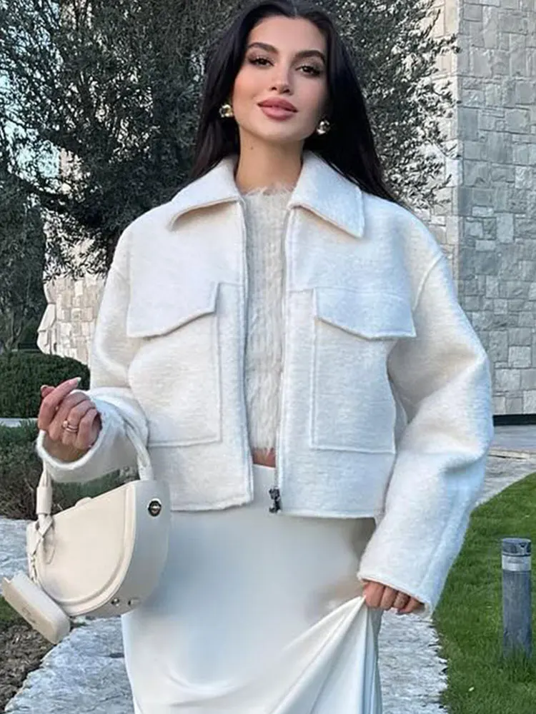 Veste solide à manches longues pour femme, Cardigan à revers, poches zippées, vêtements d'extérieur décontractés sauvages, manteau ample de rue, printemps 2024