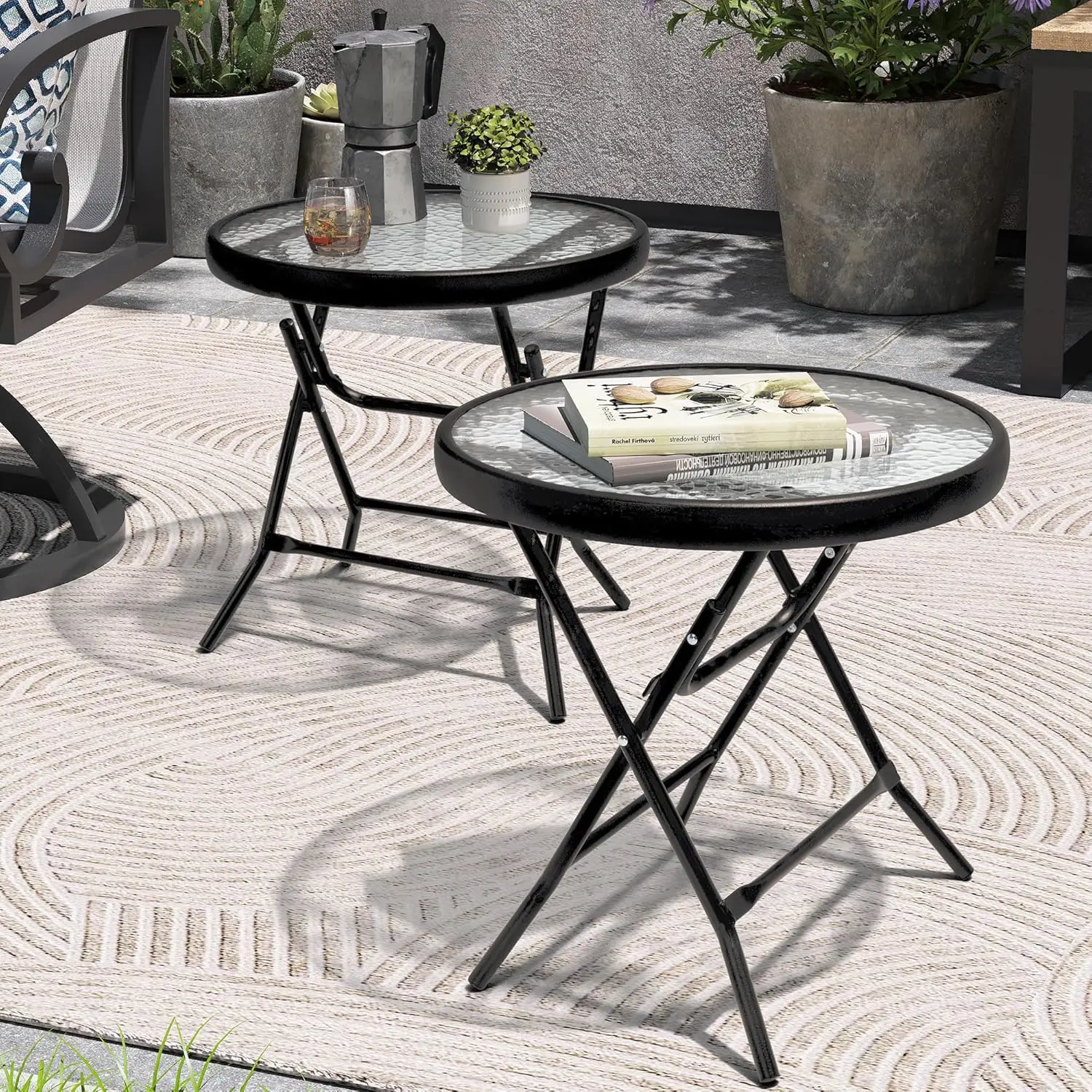 

Foldable Patio Side Table Set of 2, Tempered Glass Top, 18" Outdoor End Tables for Porch, Balcony, Garden (Black)