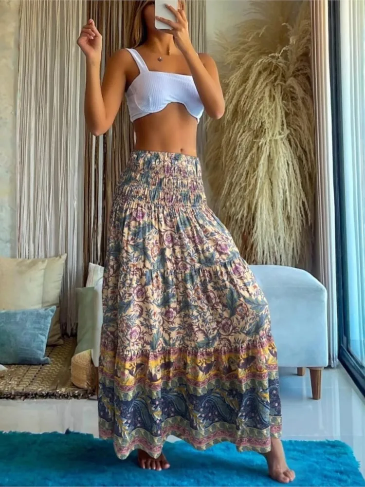 

Summer Fashion High-waisted Elastic Waist Loose Printed Skirt Women's Elegant Style Literary Retro Comfortable Casual Skirt