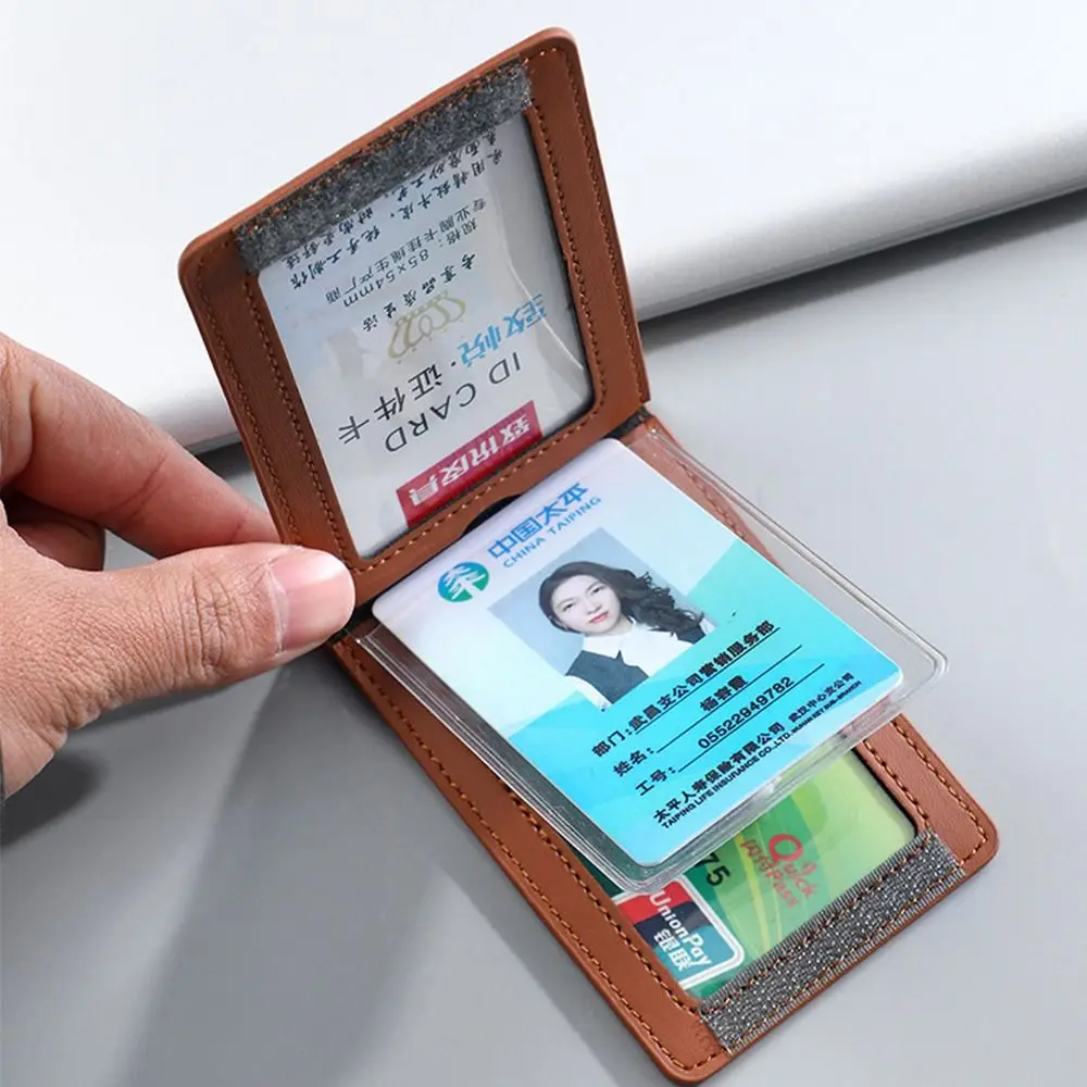 PU Leather ID Card Holder Tri-fold Transparent Badge Holder with Card Slots Card Holder