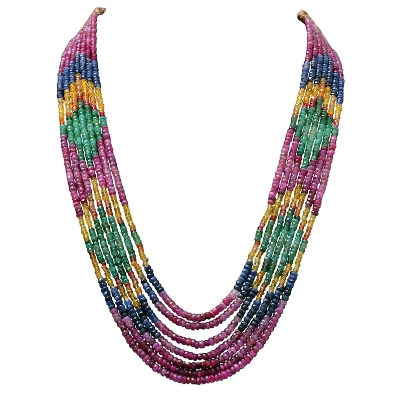 Gehna Jaipur Ruby, Emerald & Sapphire 7rows Gemstone Faceted Beads Necklace