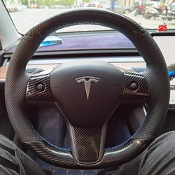 Custom Car Steering Wheel Braid Cover Carbon Fiber Genuine Leather 100% Fit For Tesla Model 3 2017 2018 2019 Car Accessories