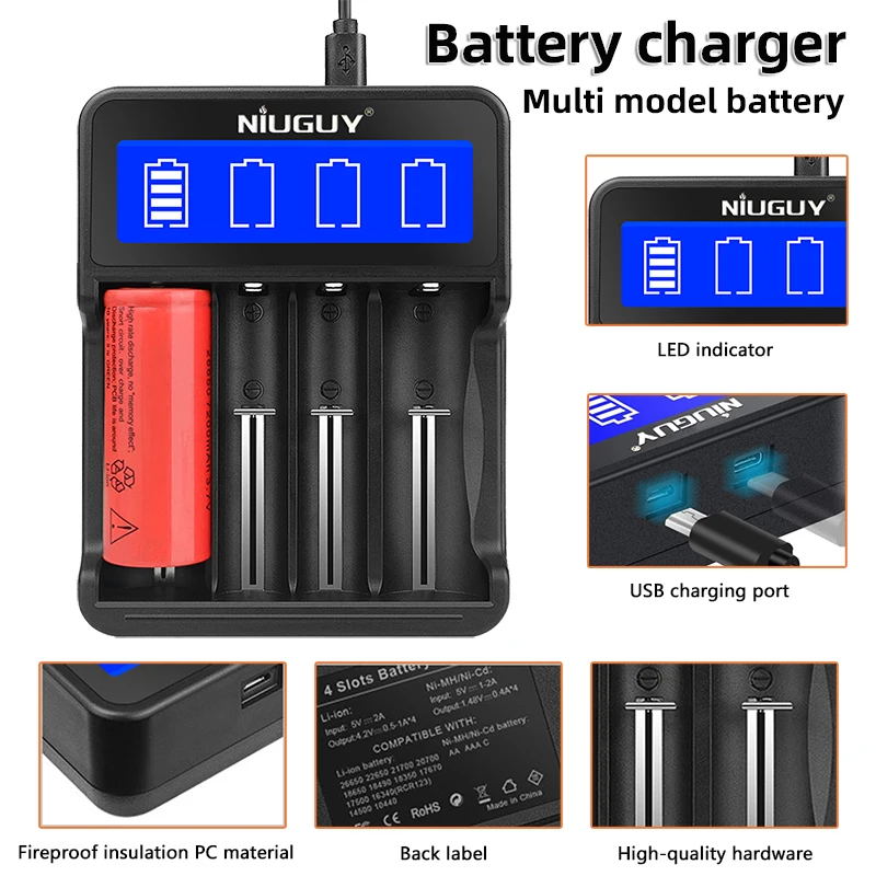 Battery Charger 4 Slots Fast Charging For NiMH/NiCd Li-Ion Batteries Charger USB USB C Port