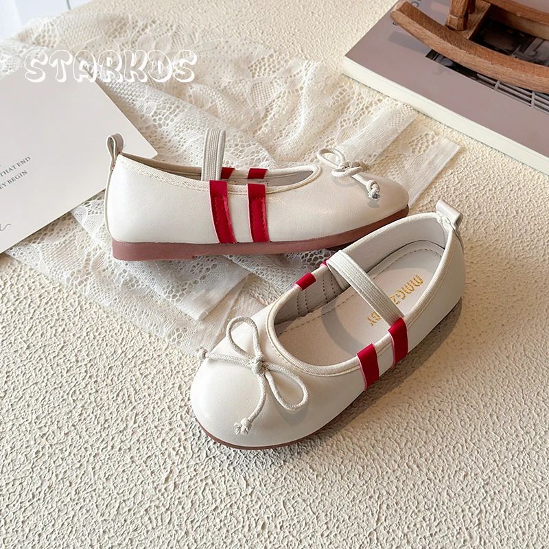 Classic Round Toe Bowknot Elastic Band Ballet Flats Kid Girl Straps Design Leather Ballerina Shoes Baby Child Soft Dress Loafers