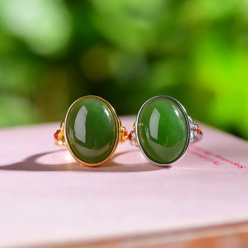 S925 Silver Inlaid Hetian Jade And Cabochon Paired With A Red Agate Ring As A Mom