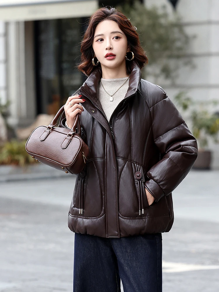   Giacca in Vera Pelle con Imbottitura in Piuma d'Oca per Donna, Nuovo Modello Invernale 2025, Stile Coreano, Cappotto Corto in Pelle di Pecora, Casual e Caldo