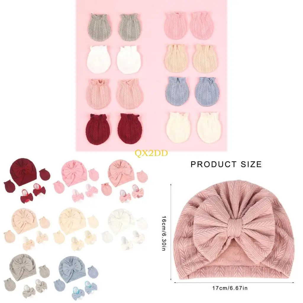 

QX2D Baby Turban Hat Hospital Nursery Hat with Gloves & Feet Bowknot Newborns Soft Bonnet Caps Set for Baby 0-3 Month
