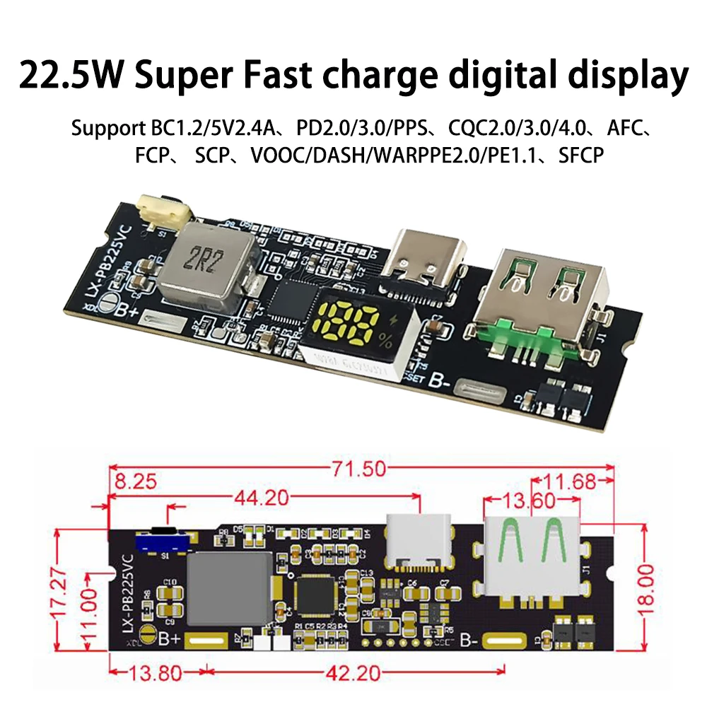 22.5 واط اتجاهين شحن سريع بنك الطاقة المحمول 18650 وحدة شحن مع شاشة ديجيتال منفذ USB/type-c دعم Vooc