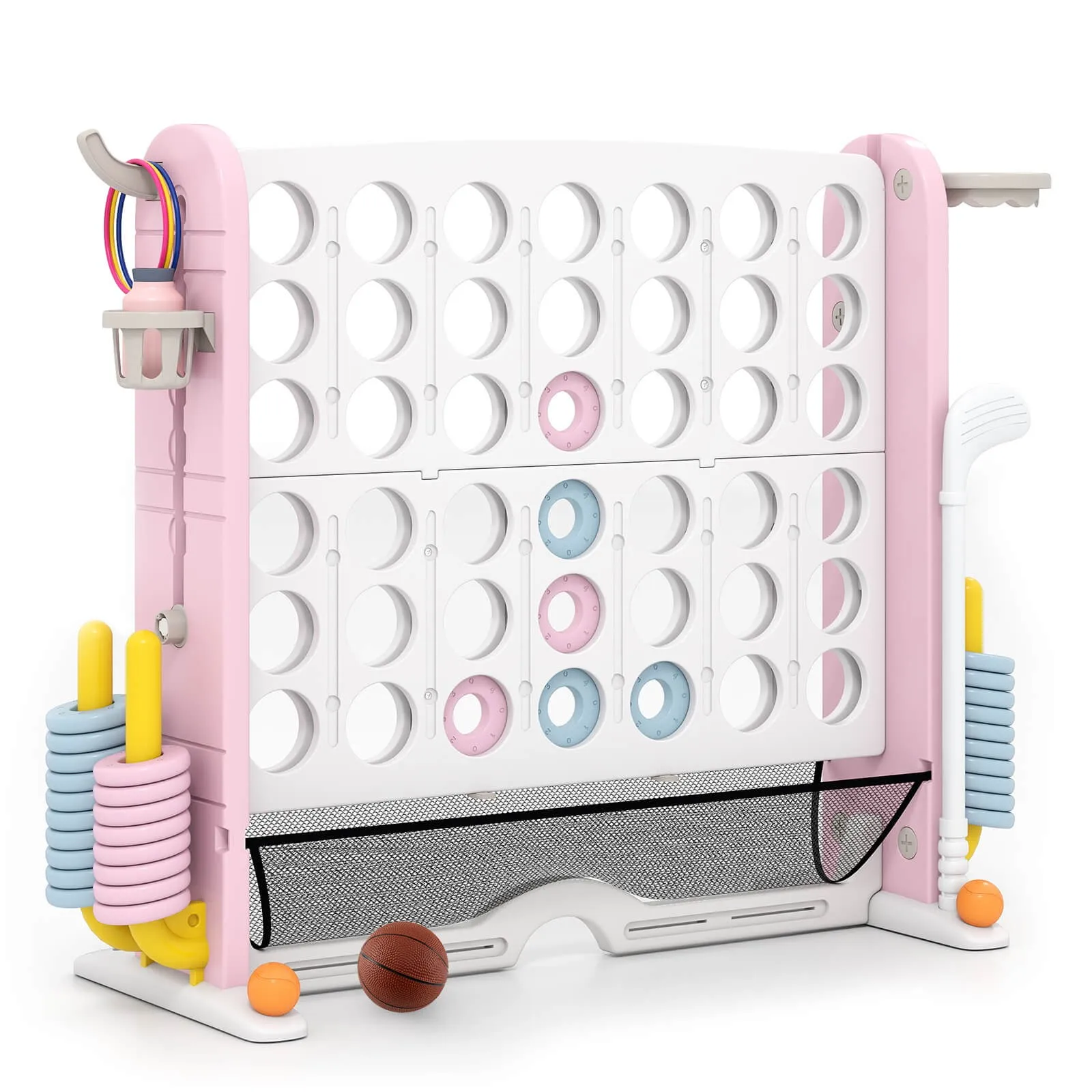 

Giant 4-in-a-Row Game Set w/Ring-toss, Basketball Hoop, Golf Club & Cup Holders