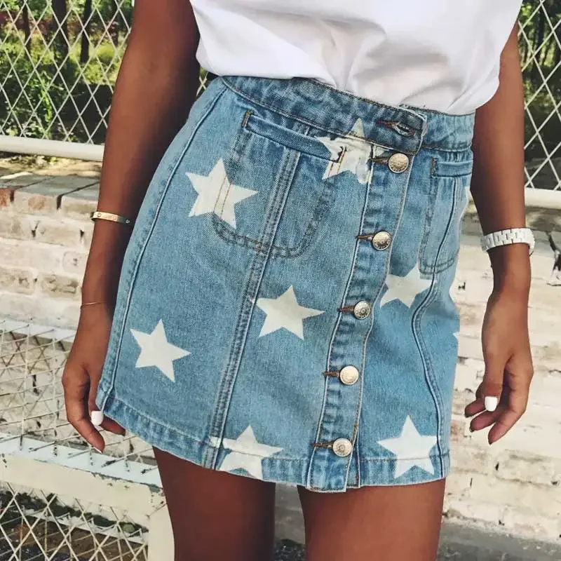 Women Fashion Sexy Stars Print Denim Skirt Button Harajuku Street Womens High Waist Mini Girl Skirts Chic Spring Blue Skirt New