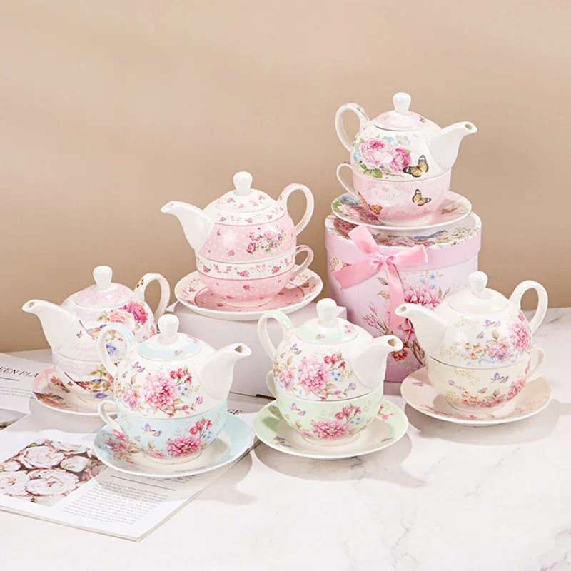 Porcelain Teapot Teacup Saucer Set Chinese Flower Design Coffee Tea Pot Cup for One Set