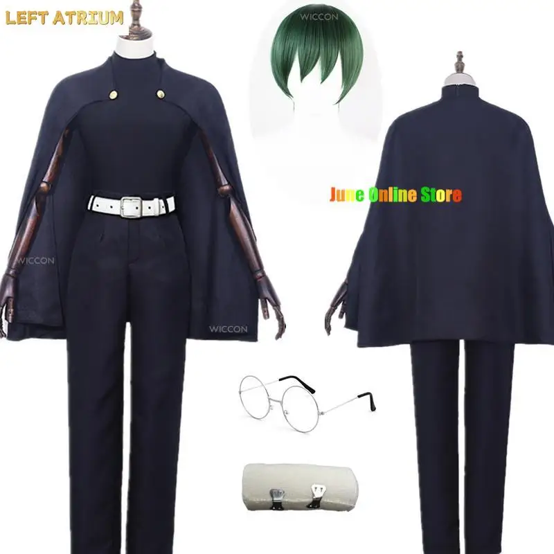 

Anime Zenin Maki Cosplay Costume Season 2 Wig Dark Blue Cloak Glasses Tattoo Green Short Wig Bandages