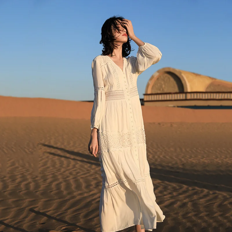 

2025 Korean style summer new elegant slimming long dress WOMEN'S dress French vacation beach dress F550