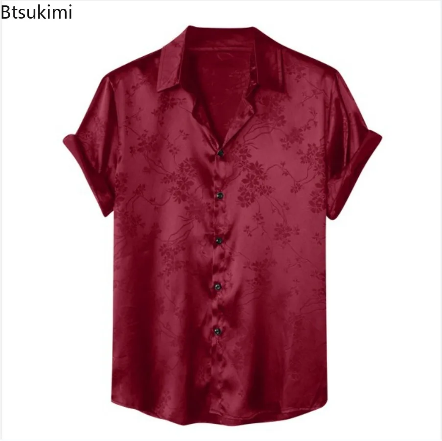 2024 New Men's Jacquard Short-sleeved Shirts Fashion Solid Luxuyy Flower Print Casual Social Shirts Men Simple Versatile Blouses