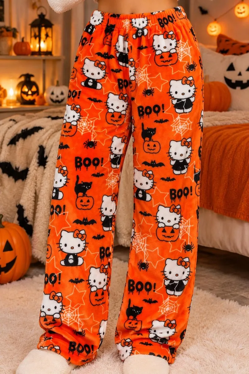 Hello Kitty Halloween Print Women Flannel Sleep Pants Pumpkin Ghost Pattern Elastic Waist Warm Fluffy Home Pajama Bottoms