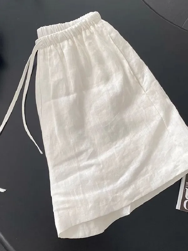 

plus Size Women's Wide Leg Pants Straight Cut Linen Drawstring Waist Summer Casual Loose Simple Style High Waist Trousers
