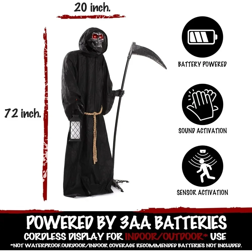 Halloween Grim Reaper, Skeleton Decoration with Sound & Sensor Activated, Creepy Voice, Spooky Skull Head, Decoration Halloween