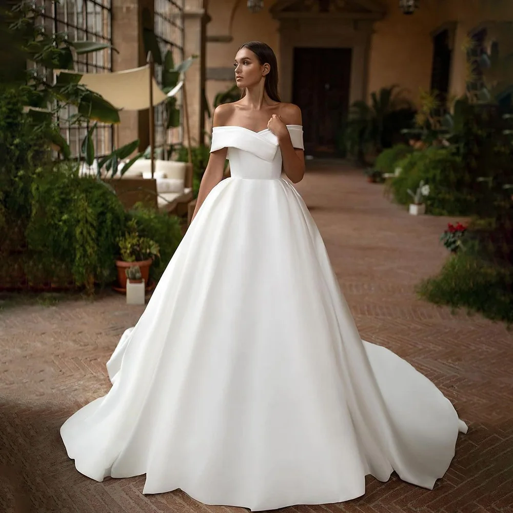 Abito da sposa plissettato con spalle scoperte in raso da principessa per donna abito da sposa da corte senza schienale A-lien vestidos de novia