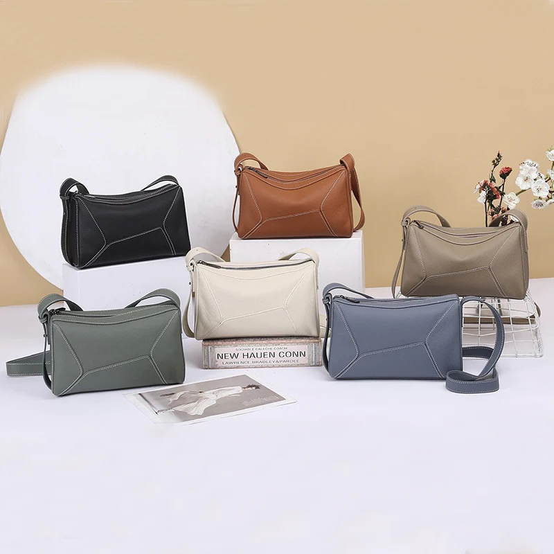 2024 New Women Bag Lady Popular Commuter Boston Crossbody Messenger Female Soft Genuine Leather Geometric Pillow Shoulder Bag