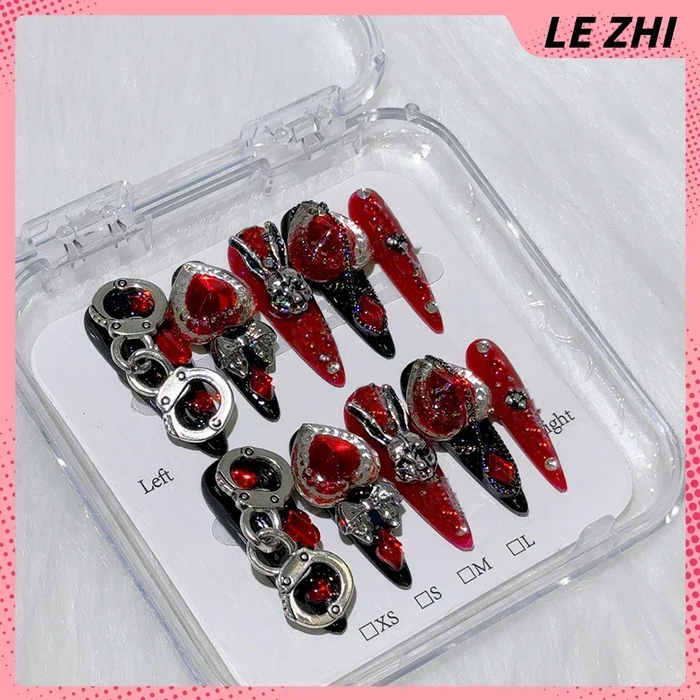 스틸레토 펑크 헬로 키티 틀린 손톱 귀여운 고양이 발톱 금속 체인 디자인 Y2K 매운 소녀 라인 석 완전히 덮여 손톱에 누르기