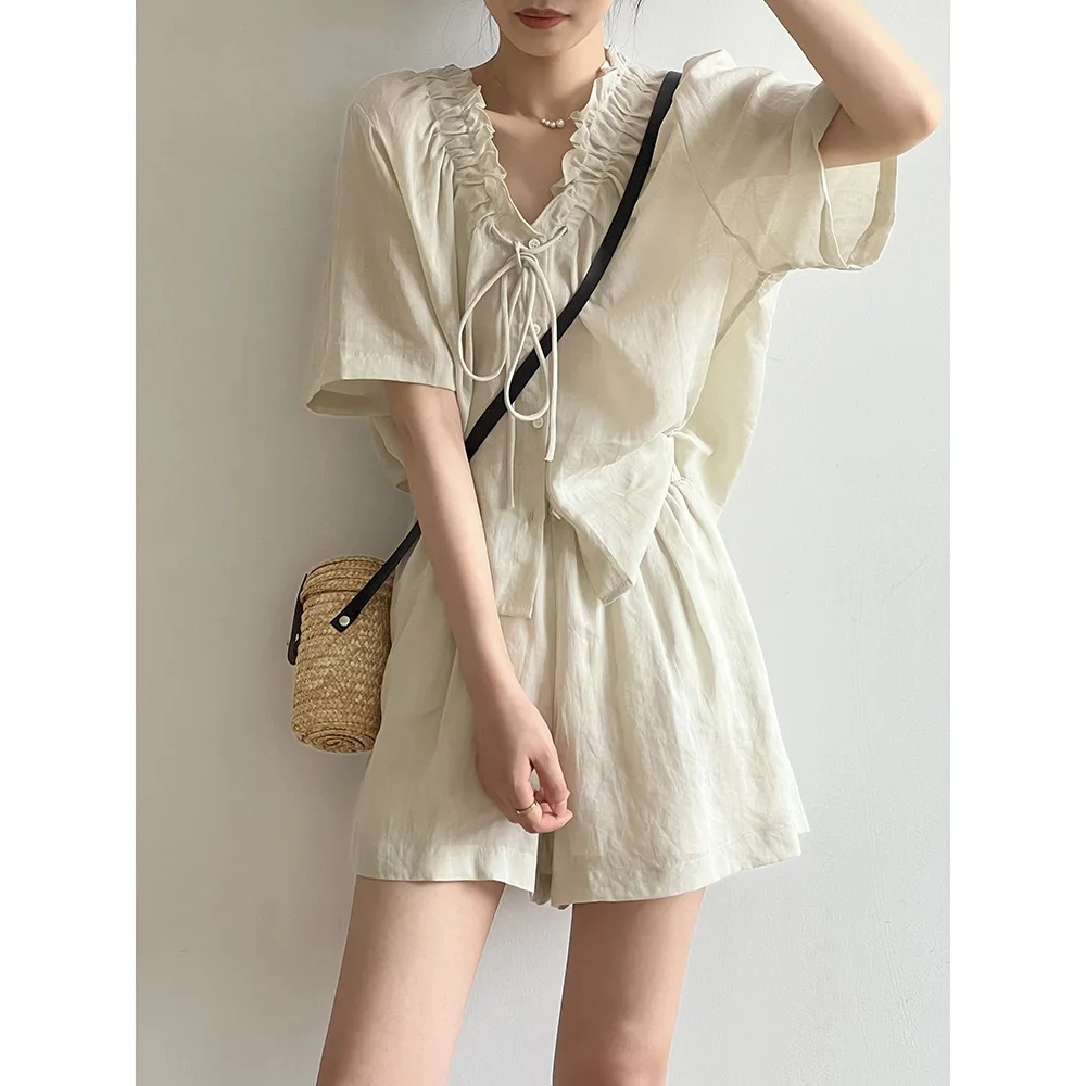 Women Clothing Set Korean Style Linen Fashion Suit 2024 Summer Lace-up V-neck Shirt and Shorts Solid Color Two-piece Set