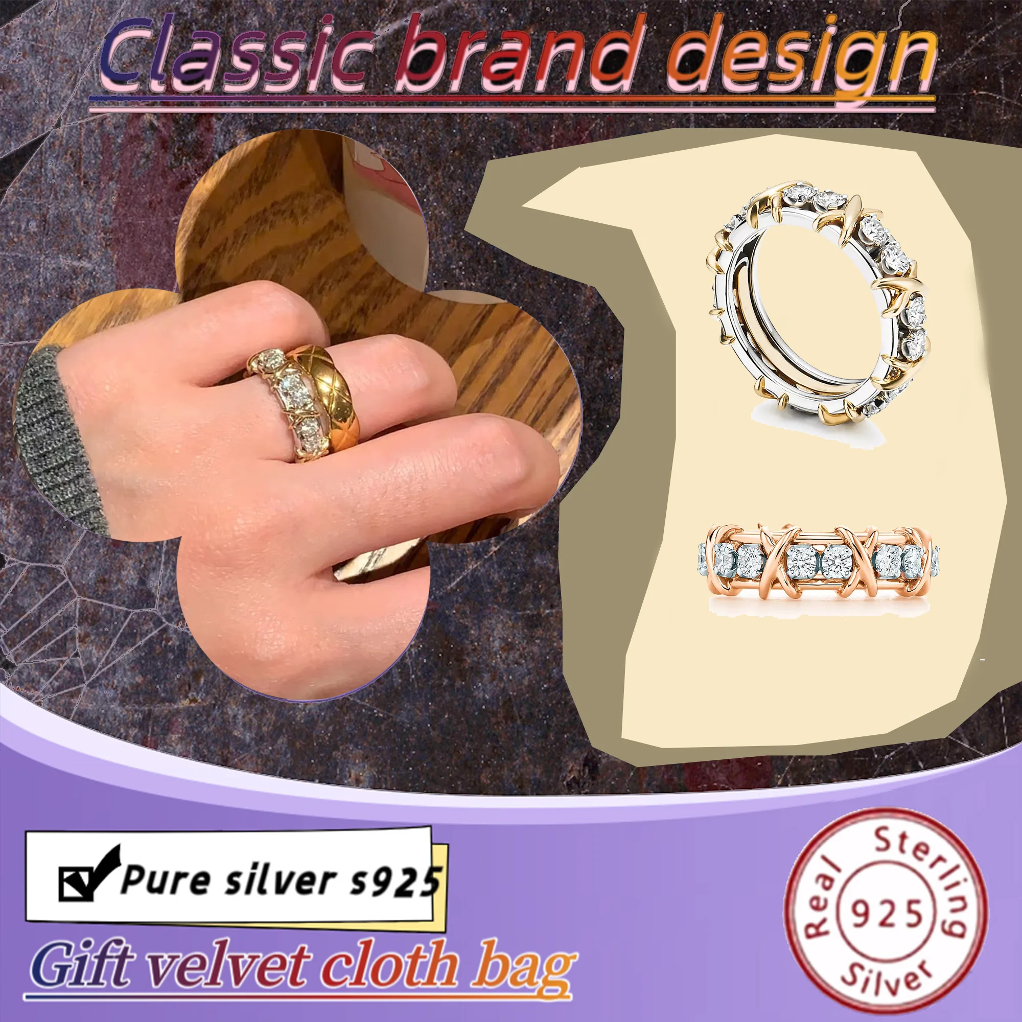 Retro Gold Sixteen Stone Series Pure Silver s925 Classic Famous Design T Home Cross Diamond Fashion Couple Ring