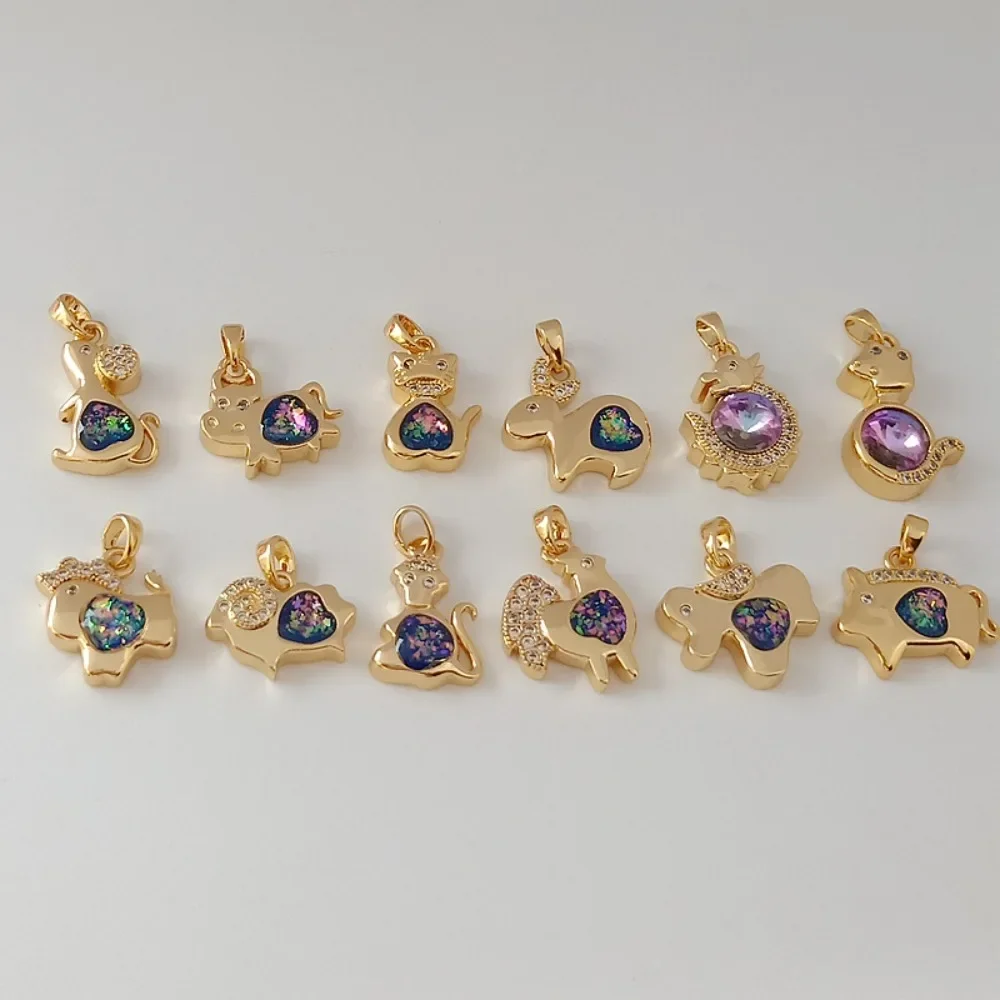 

14K Gold-plated, Zircon Inlaid, Imported Opal Pink Zodiac Pendant, 15mm Handcrafted DIY Necklace Pendant