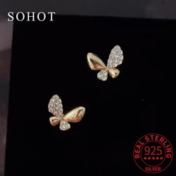 925 Sterling Silver 14K Gold Zircon Butterfly Stud Earrings for Trendy Women Cute Fine Jewelry Minimalist Insect Accessories