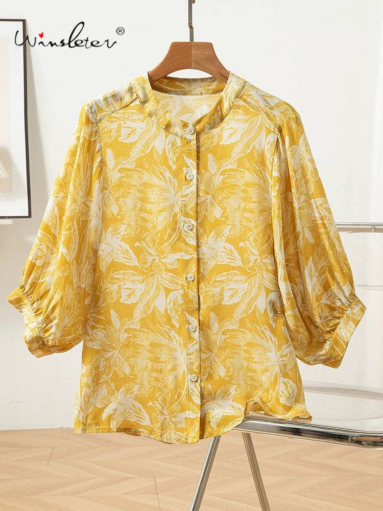 

Winsleter-100%Real Silk Elegant Shirt, Woman Stand Lantern Sleeve Print, French Retro Casual Loose Blouse, 2025 Summer T56110CC