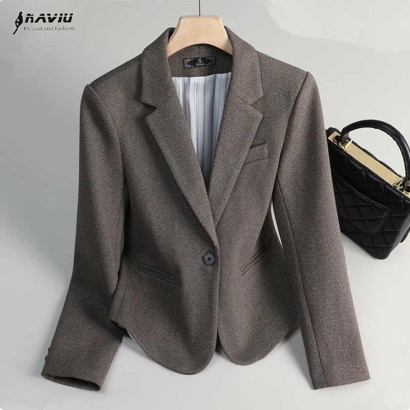 

NAVIU Coffee Solid Color Jacket For Women Autumn Winter 2025 New Fashion Temperament Short Coat Gray Casual Office Ladies Blazer
