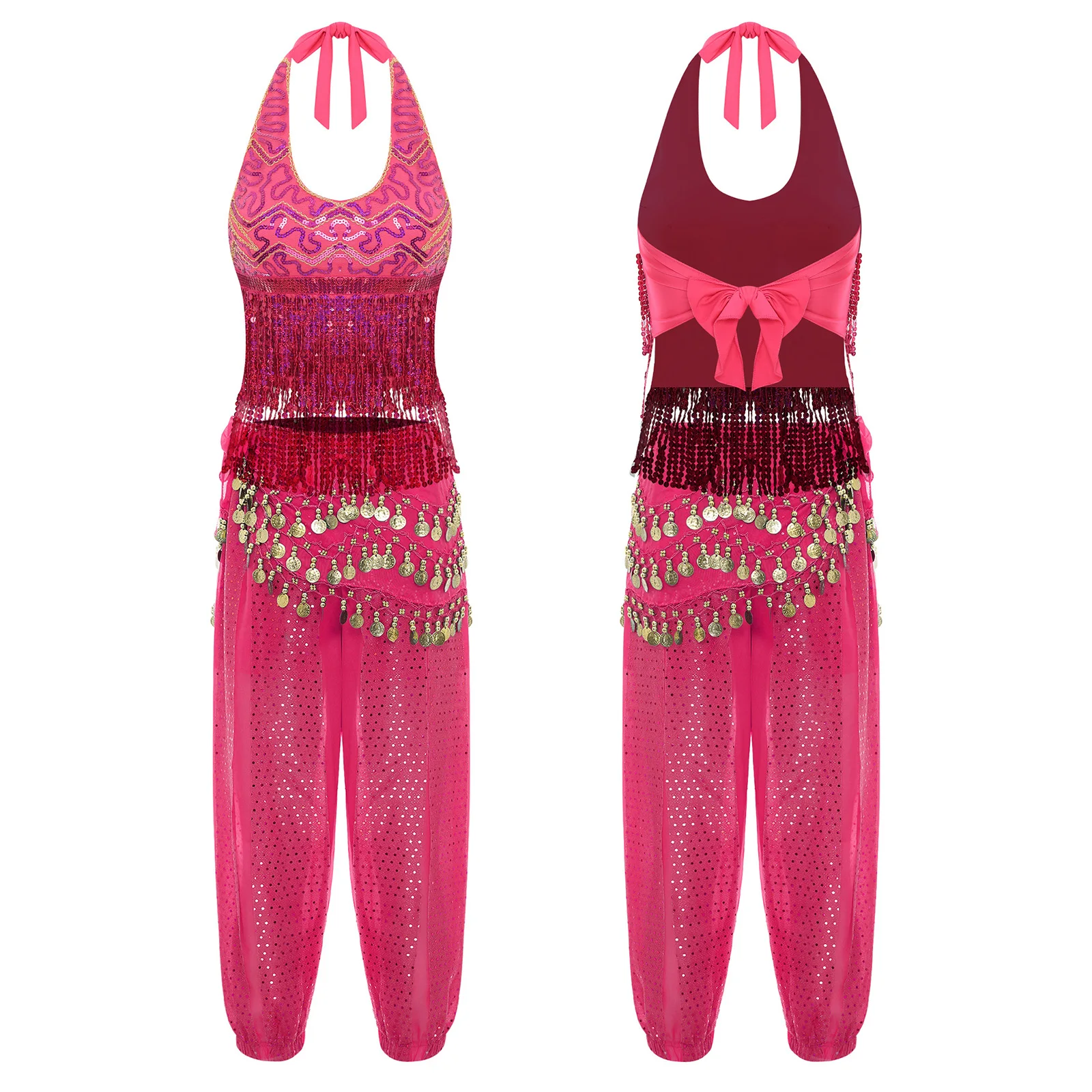 

Женские костюмы для лирического индийского танца живота: топ-халтер и брюки-блумеры с набором шарфов для танцев.