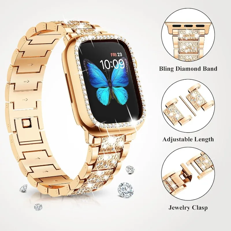 حافظة ماسية + حزام من الفولاذ المقاوم للصدأ لساعة أبل 40 ملم 41 ملم 44 ملم 45 ملم سوار معدني لسلسلة iWatch 9 8 7 6 5 4 SE