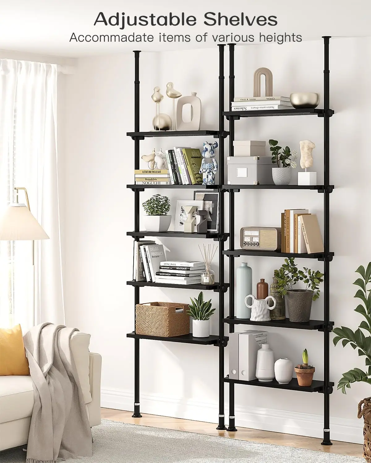 5 Tiers Narrow Bookshelf, Tall Adjustable Ladder Book Shelf with Open Storage, Floor to Ceiling Tension Mount, Wooden In