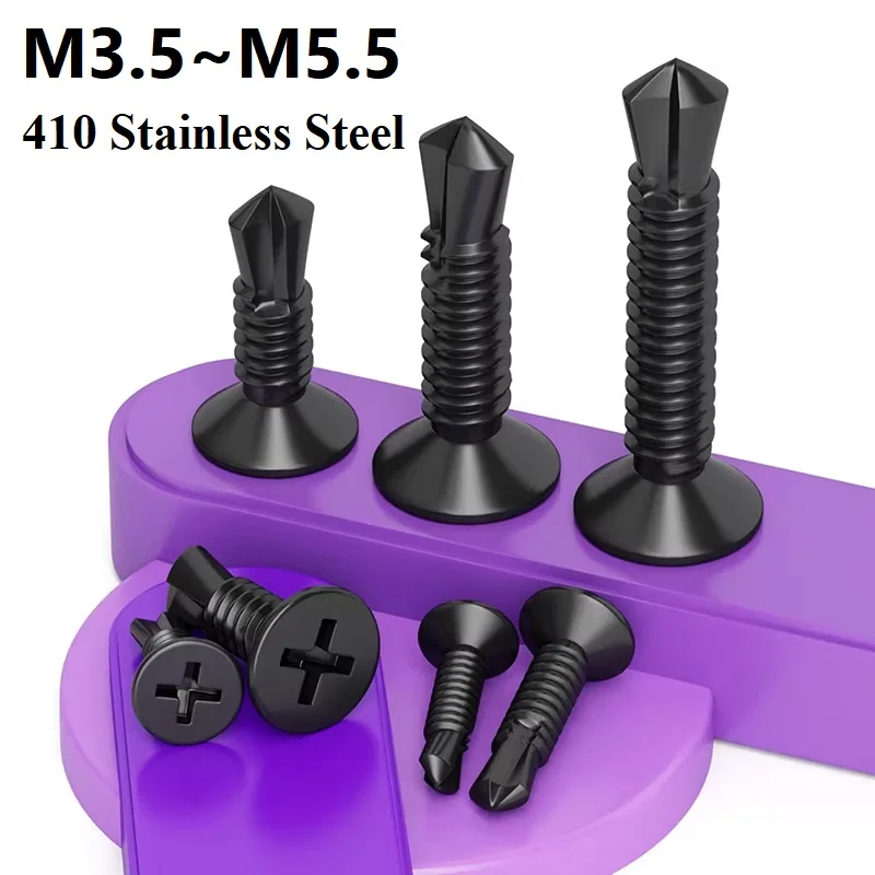 410 Stainless Steel Cross Recessed Flat Head Self Drilling Screws Black M3.5~M5.5