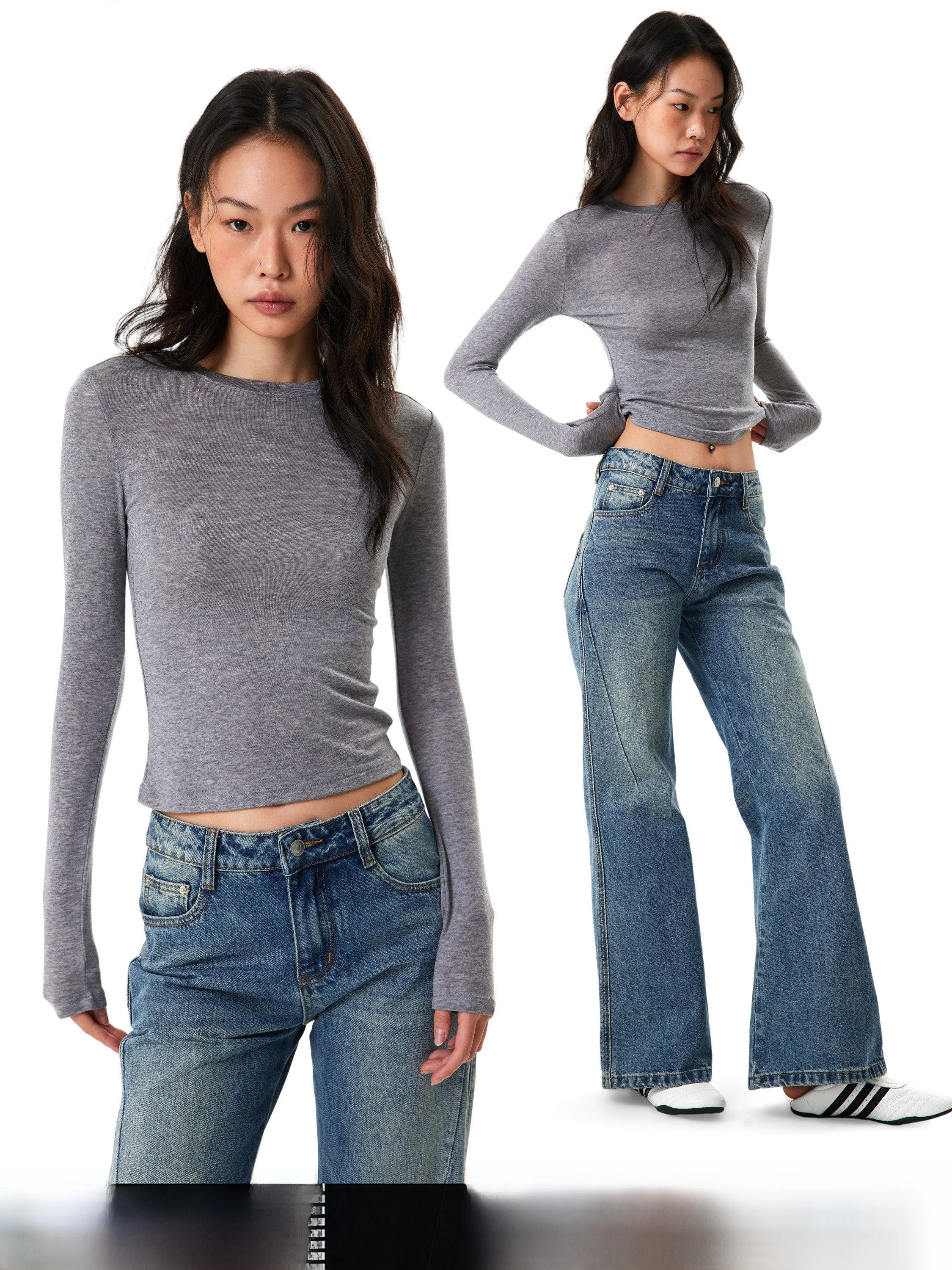 GOGOBURN American Grey Long Sleeve round Neck Base Shirt Women's Slim Fit Basic Style Inner Wear Top Casual Style Short Length