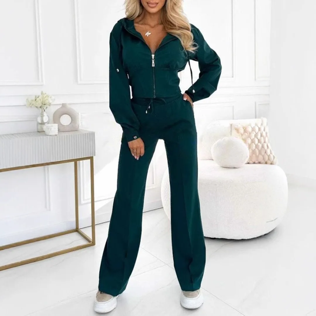 Fashion Slim Sports Suit Autumn New Women Solid Suit Casual Hooded Zipper Top Jacket Lace Up Straight Trousers 2 Piece Setun