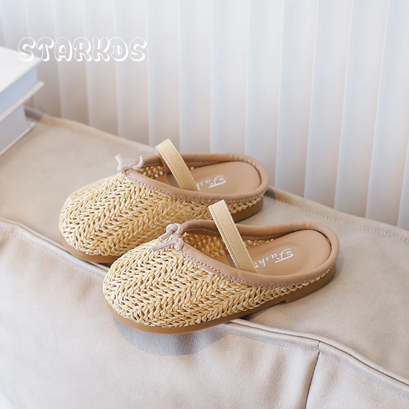 Natural Vine Straw Weaved Mule Shoes Kids Breathable Braided Sandals Baby Girls Soft Sole Flat Clog Slippers with Elastic Band