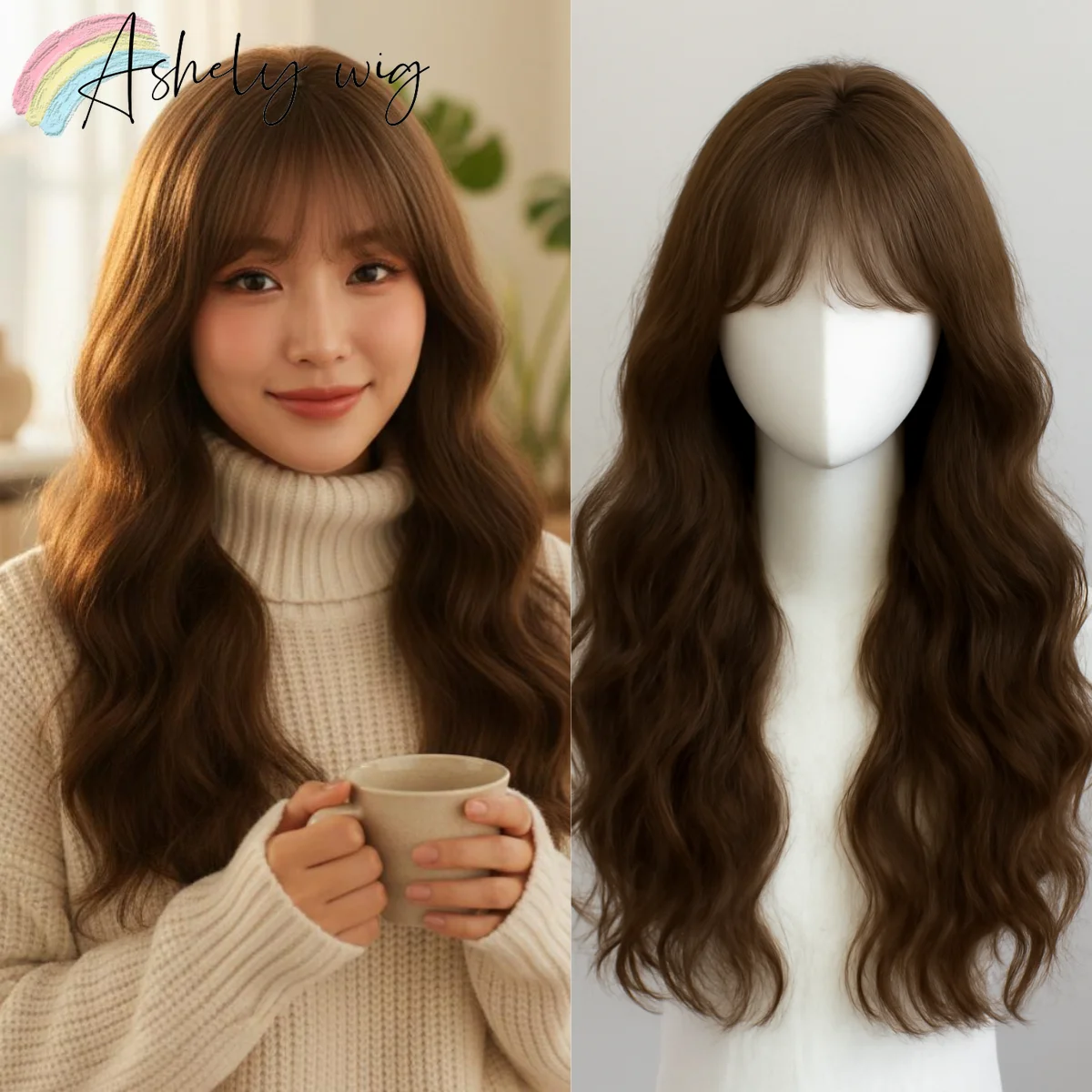 Ashely الباروكات للنساء براون طويل مجعد شعر مستعار موجة كبيرة طبيعة متموجة عقال لوليتا شعر مستعار مقاومة للحرارة تأثيري الاصطناعية 가pal