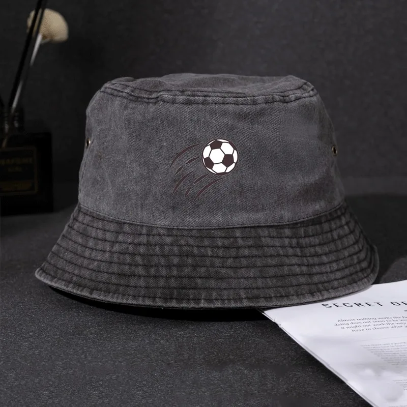 Vintage Washed Distressed Bucket Hat With Action Soccer Kick Graphic Print Logo Unisex Cotton Fisherman Cap Streetwear Sun Hats