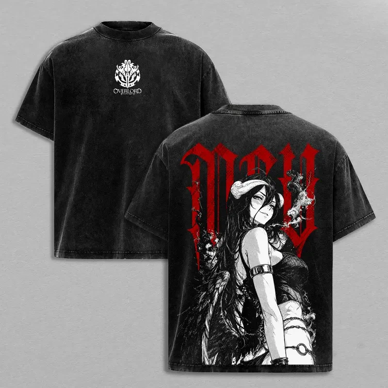Anime Overlord Albedo Printed Tee Men's and Women's Short Sleeve Cotton T-shirts Vintage Washed T-shirt Harajuku Male T Shirt
