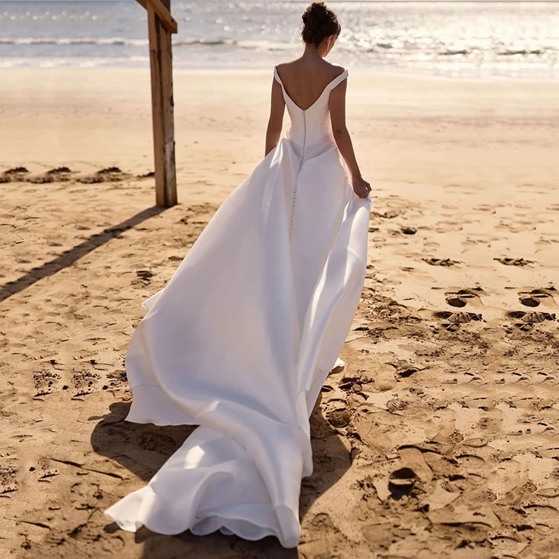 فساتين زفاف Eightree بسيطة من الساتان على شكل حرف a قبالة الكتف بفتحة جانبية فستان الزفاف للنساء فساتين حفلات الزفاف المسائية حسب الطلب