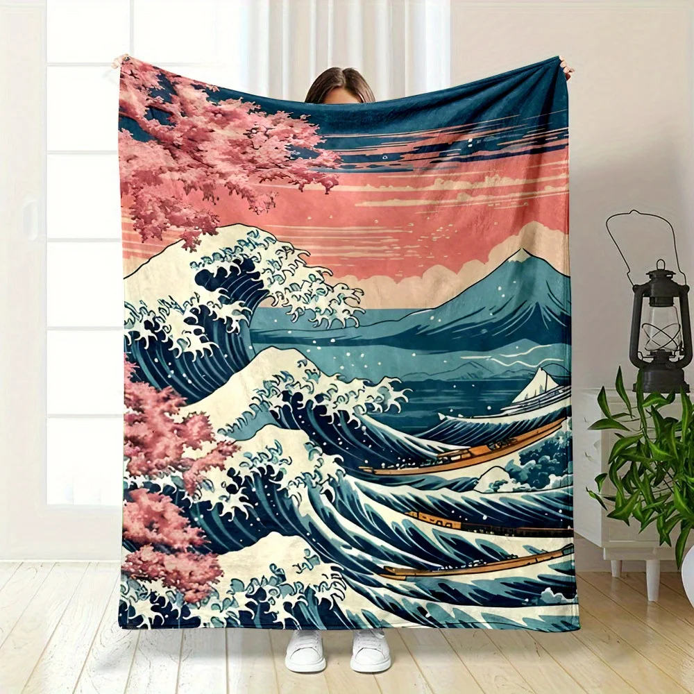 Great Wave Print Throw Blanket Comfort in Vibrant Colors for Bed, Sofa, Camping & Travel - Easy Care, Reversible Design