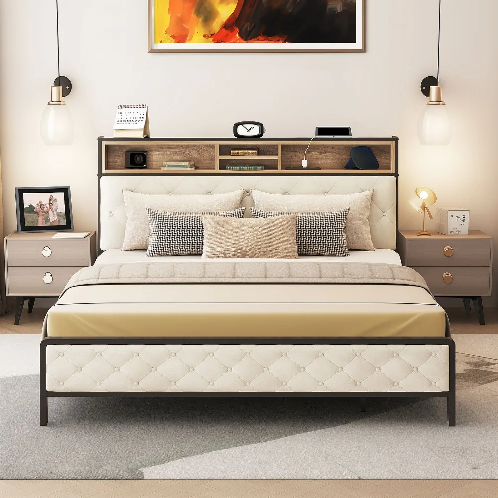 

Queen Size Bed Frame Upholstered Headboard Storage w/ Shelves