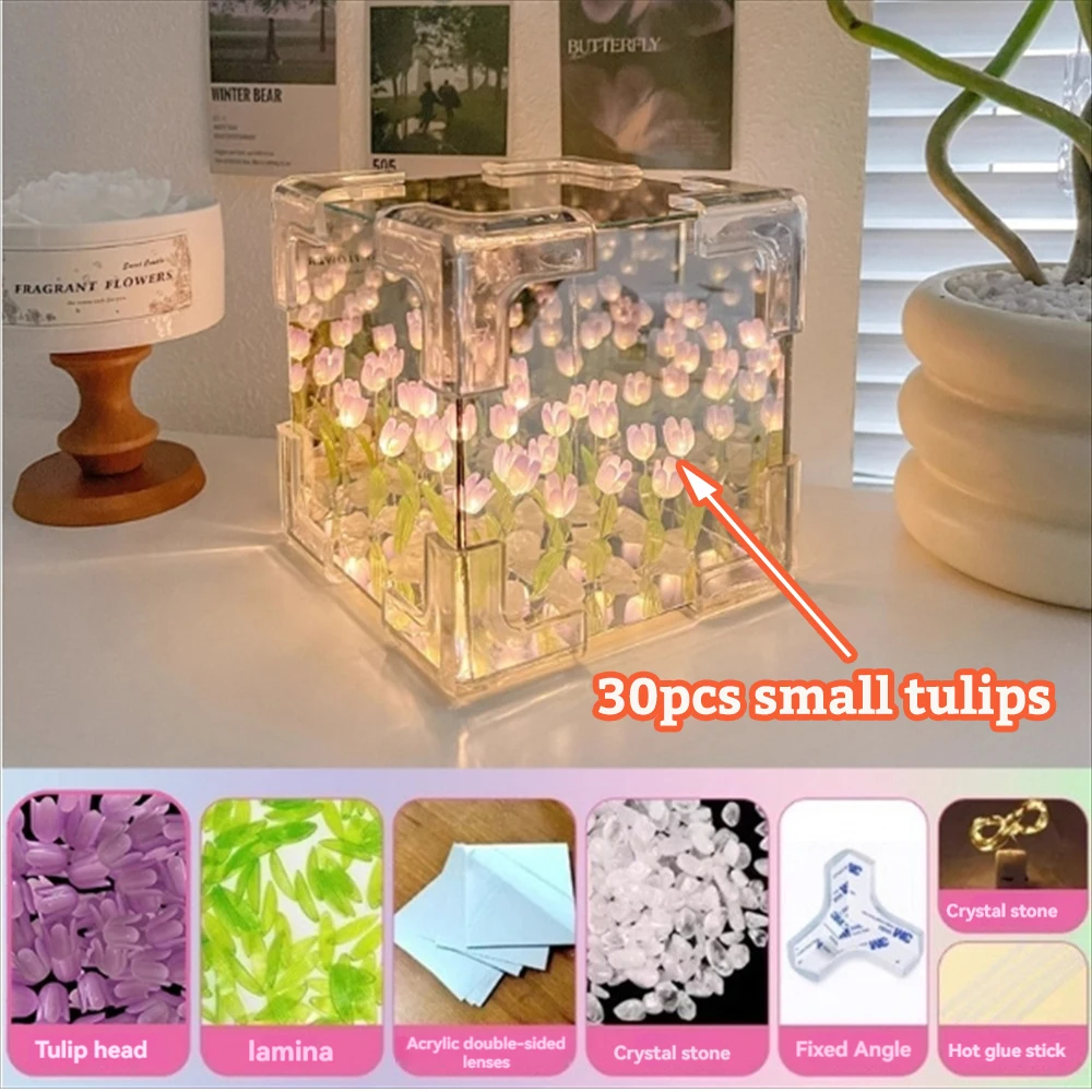 Creative Diy Tulip Flower Sea Cube Three-Dimensional Small Night Lamp Material Package for Girlfriend Couple Girlfriends