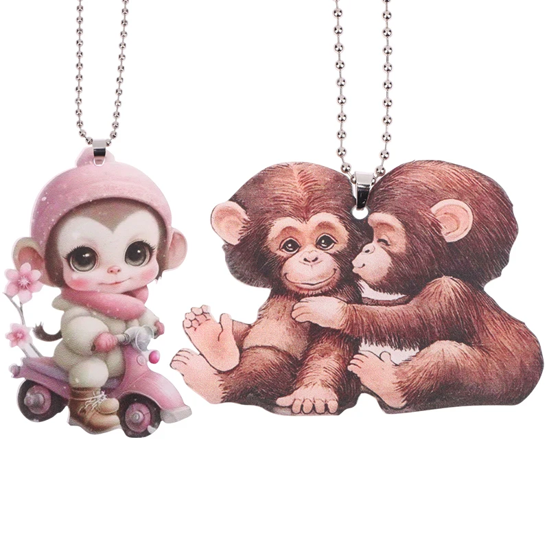 Cartoon Monkey Ornaments 2D Animal Acrylic Car Pendant Decorative Cute Rear View Mirror Ornaments Keychain Christmas Ornaments