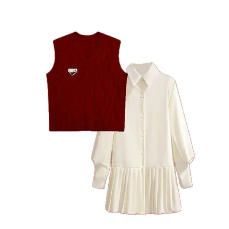 Set in stile occidentale autunnale per donna Gilet lavorato a maglia che riduce l'età in stile Hepburn abbinato a un bellissimo abito dimagrante Set da due pezzi