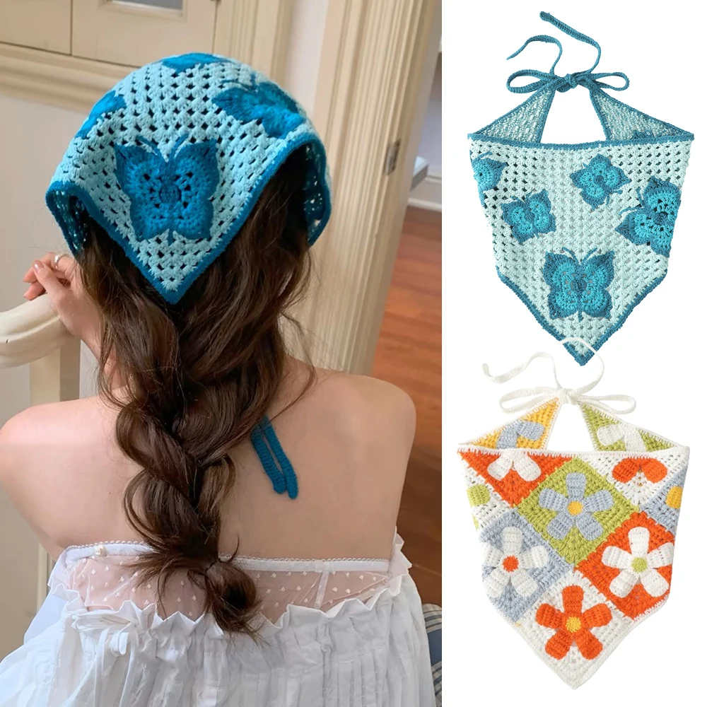 Lenço triangular de malha para mulheres, bandana azul, faixa de cabelo, turbante de flores de crochê, bandanas, moda verão